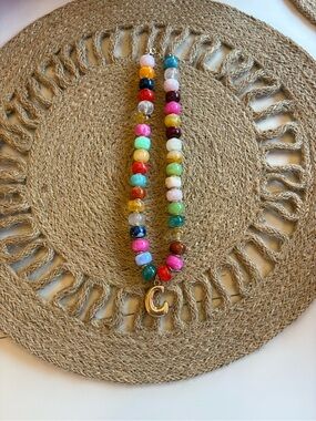Personalized Multicolor Bead Necklace for Kids - Gold Initial Charm